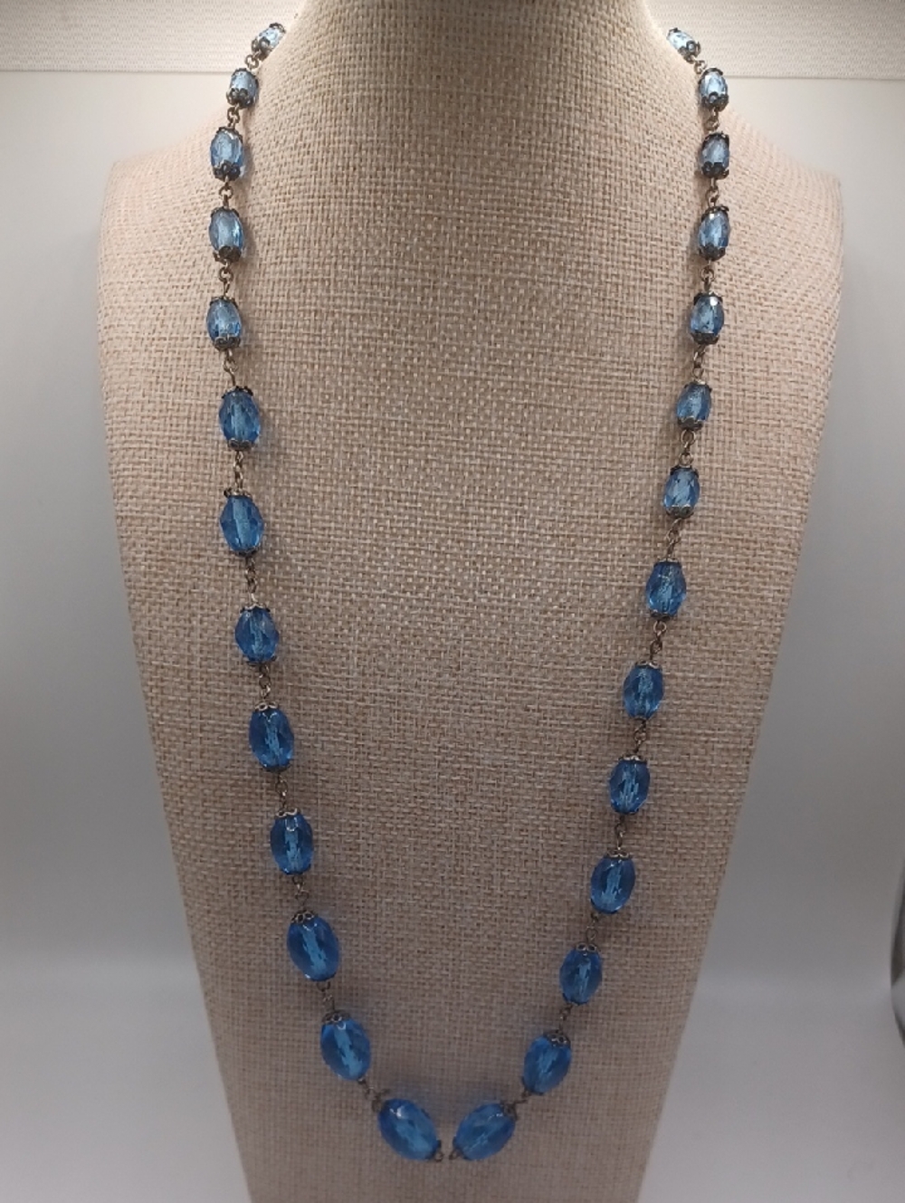 Blue Crystal Beaded Necklace With Floral Style Beadcaps Sterling Clasp - Picture 6 of 7